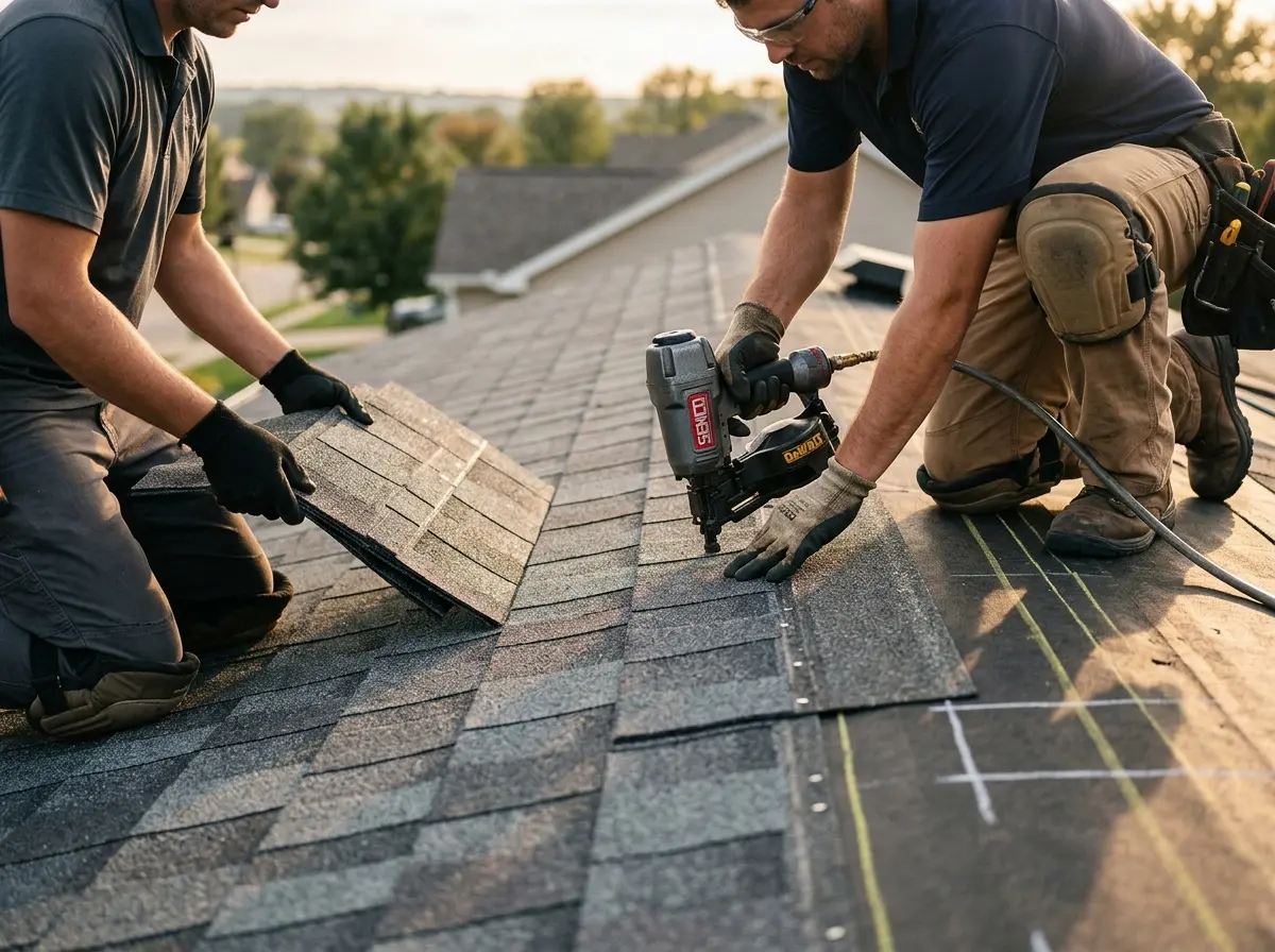 Professional roofer working on a residential roof in Brockport